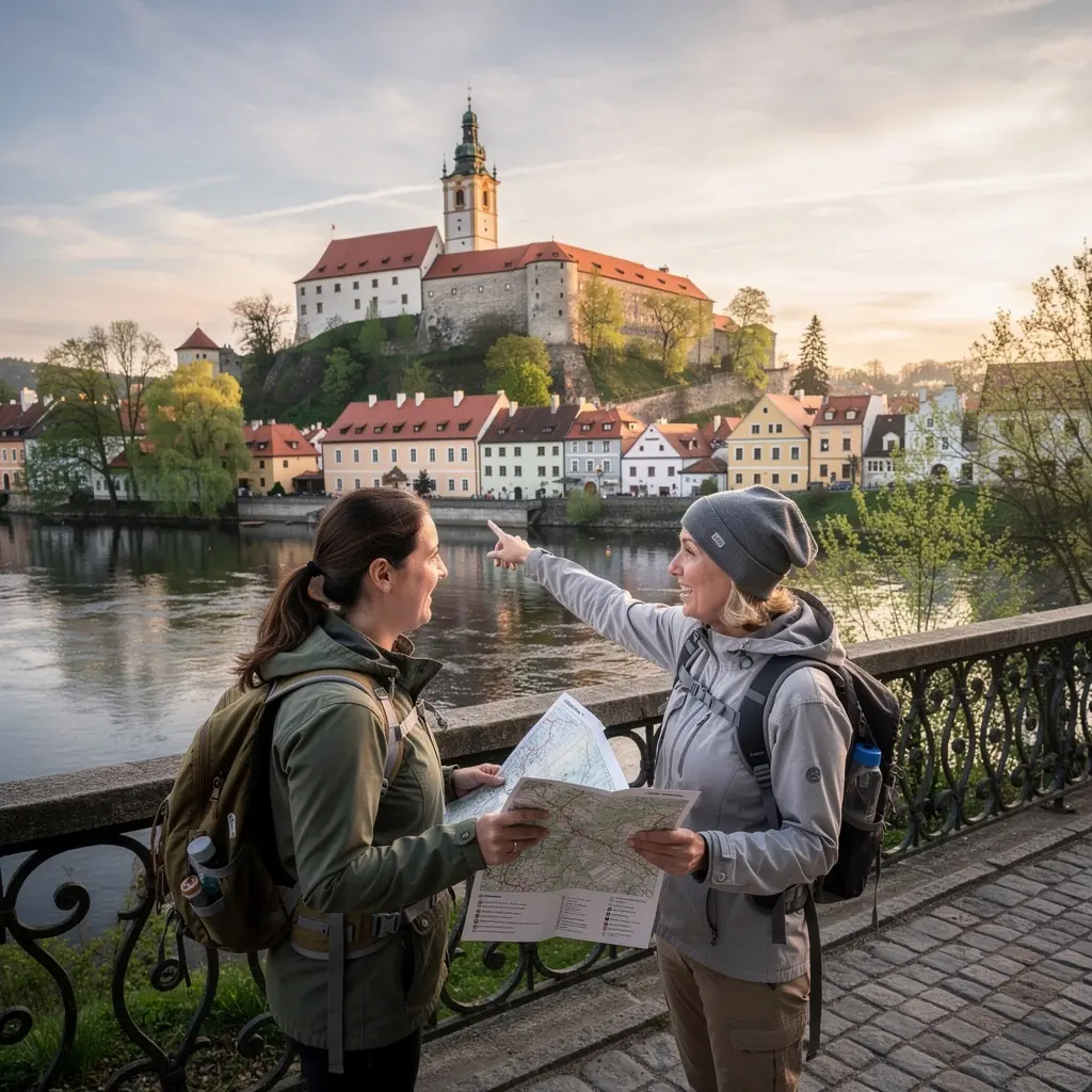 Scéna z klidného parku s sochami a lavičkami, ideální pro odpočinek během výletu.