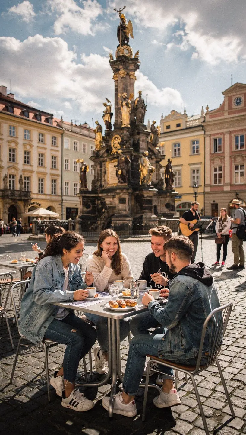 Pohled na historické náměstí v Českém Krumlově s malebnými domy a zámkem v pozadí